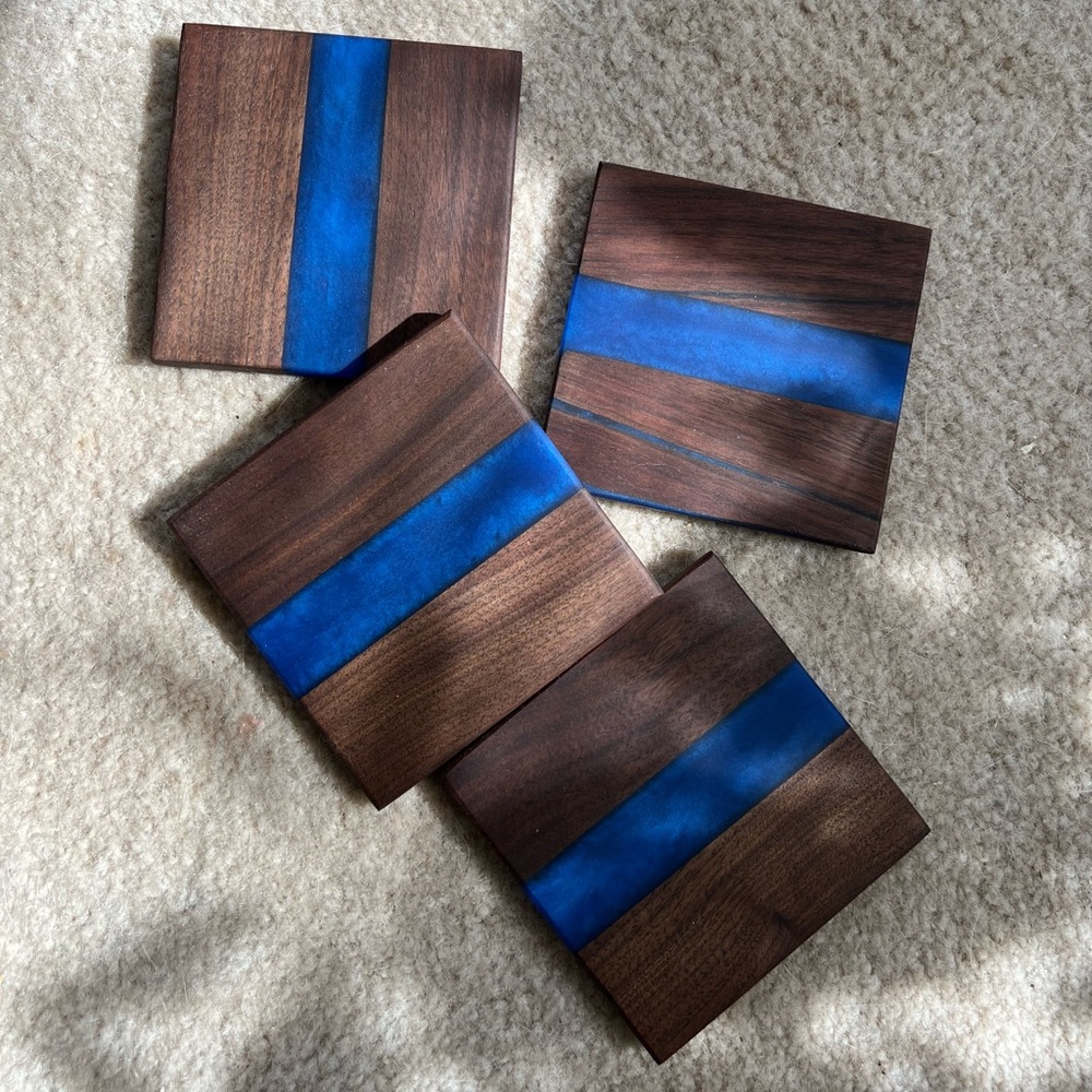 Handmade walnut wood blue coaster set of 4